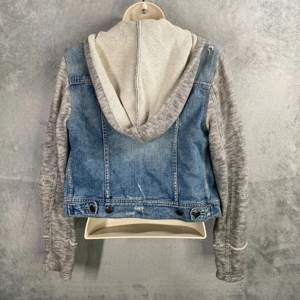 Free People Jean Jacket XS Mixed Media Hooded Cropped Denim Indie Grunge‎ Boho - Picture 3 of 7